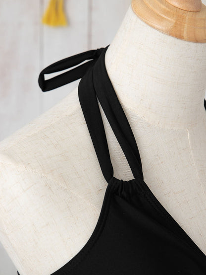 Black Mesh Crisscross Halter One-Piece Swimsuit with Sheer Inserts