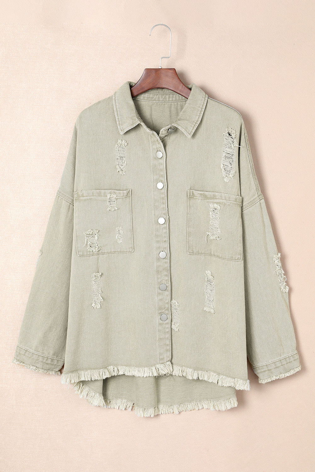 Green Distressed Fringe Trim Denim Jacket