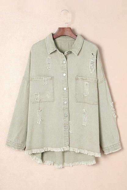 Green Distressed Fringe Trim Denim Jacket