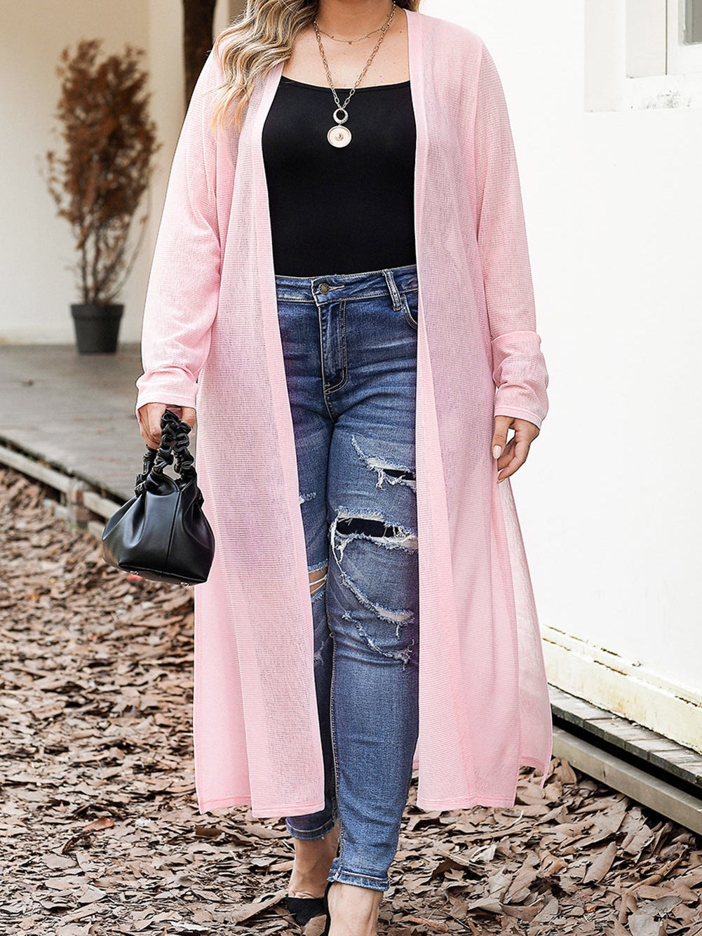 Pink Sheer Knit Long Side Slit Plus Size Cardigan with Southern Belle Style