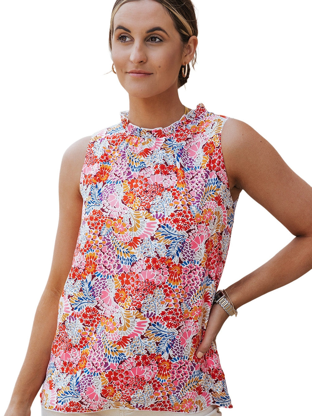 Floral Pink Sleeveless Ruffle Tank Top