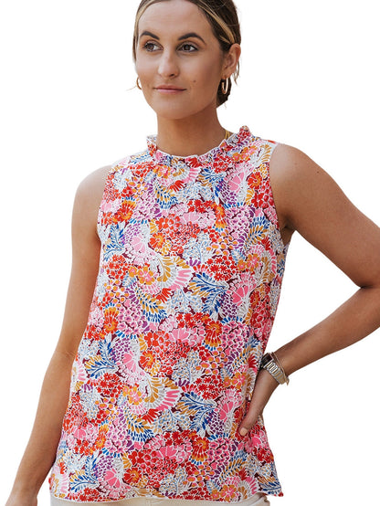 Floral Pink Sleeveless Ruffle Tank Top