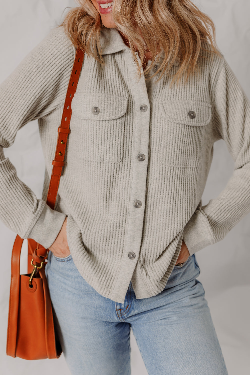 Light Grey Waffle Textured Chest Pocket Chic Shacket
