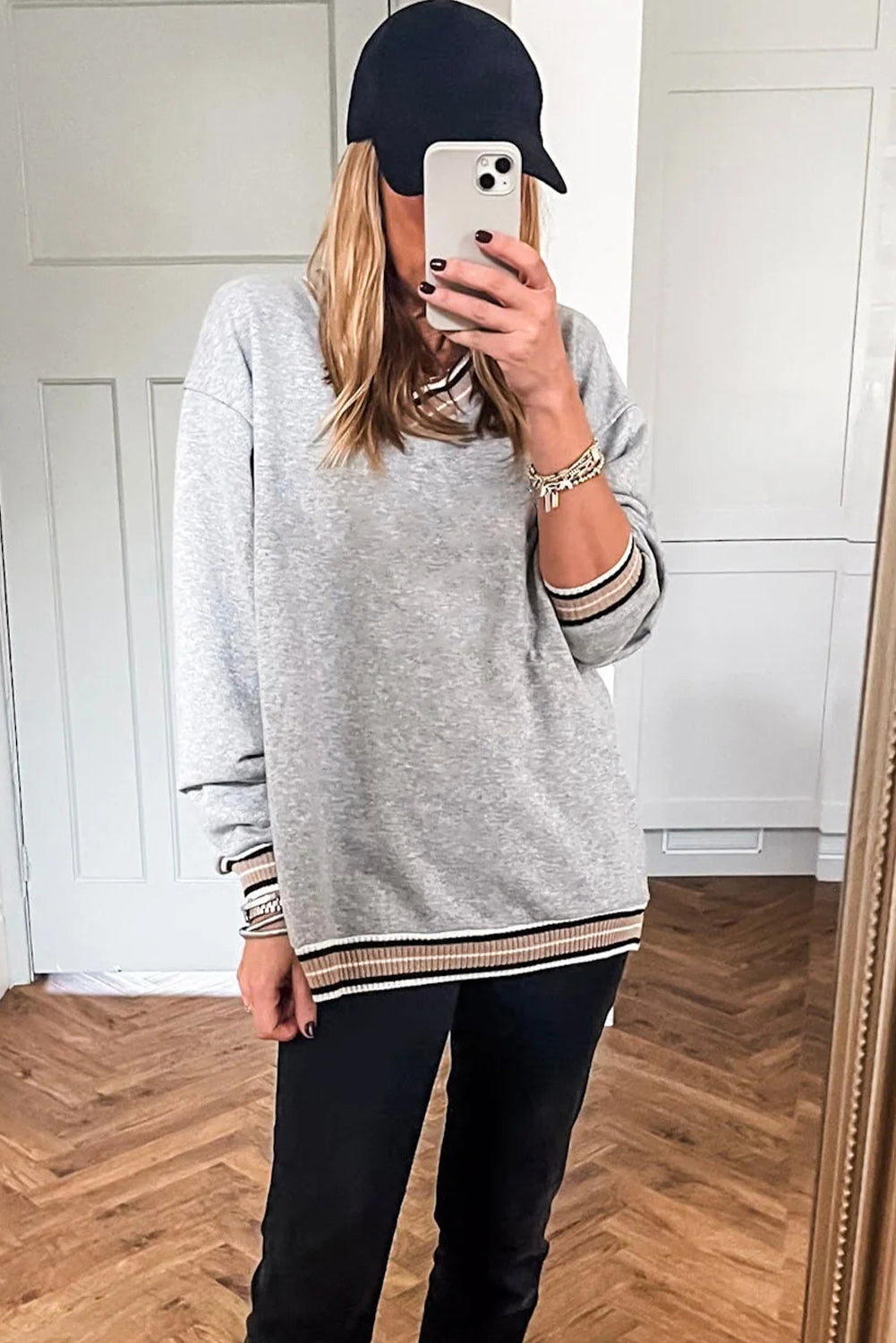 Gray Varsity Contrast Striped Trim V Neck Sweatshirt