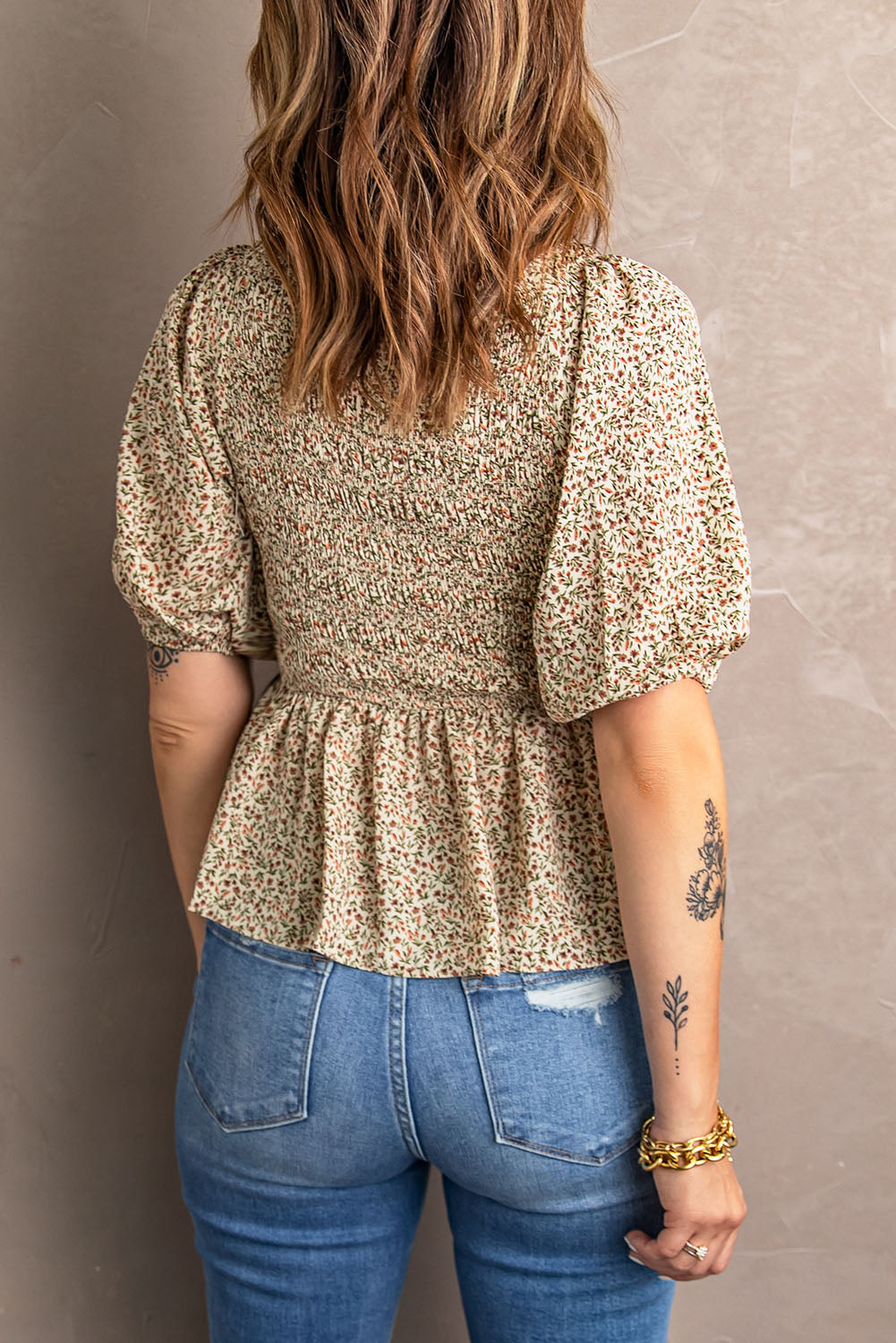 Floral Puff Sleeve Peplum Blouse