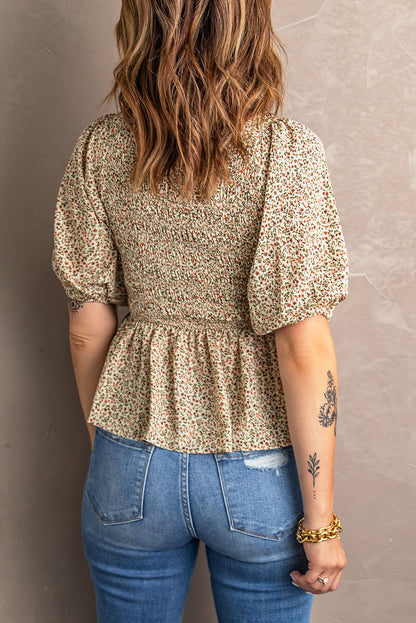 Floral Puff Sleeve Peplum Blouse