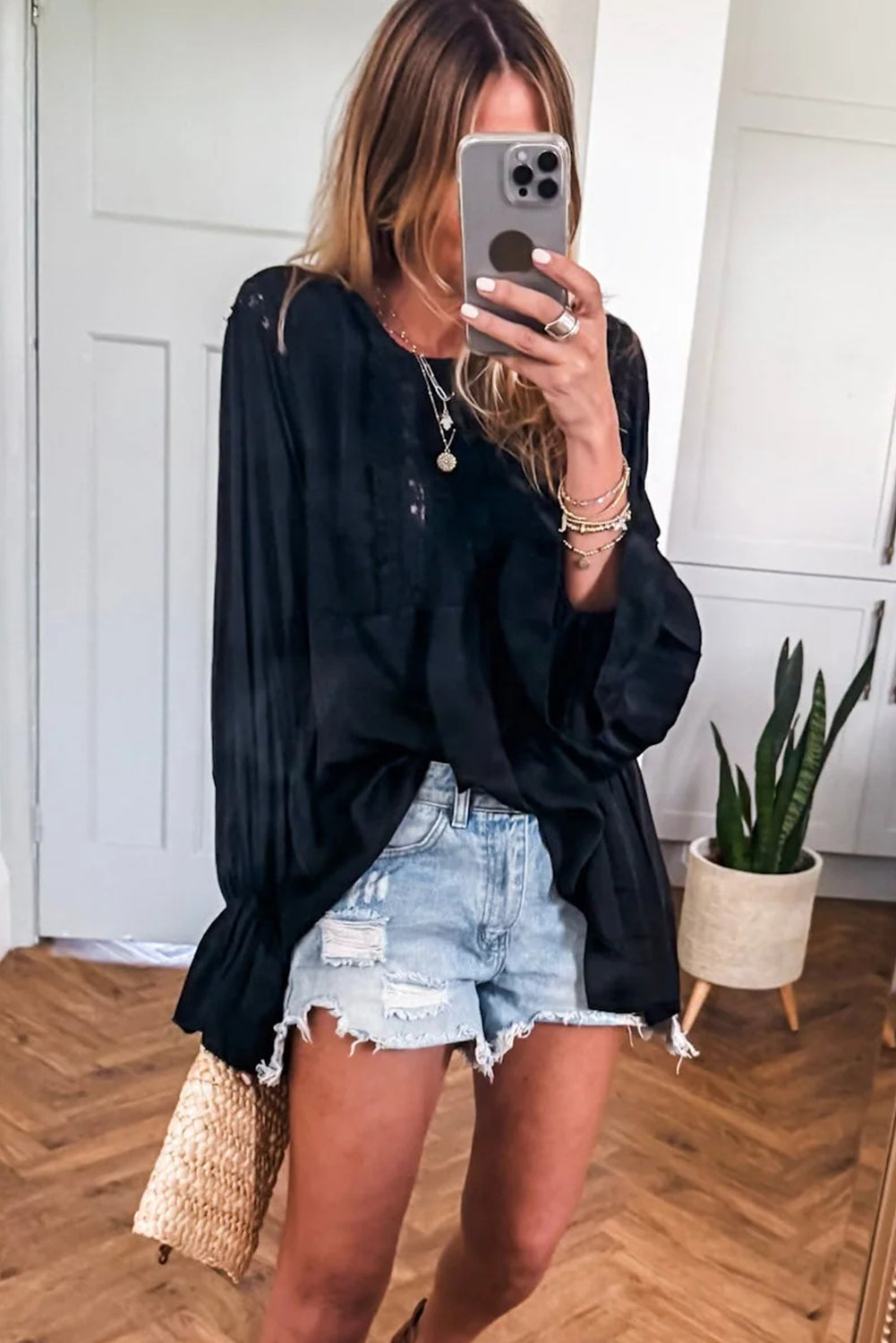 Black Silky Round Neck Lace Frilled Detail Long Sleeve Blouse