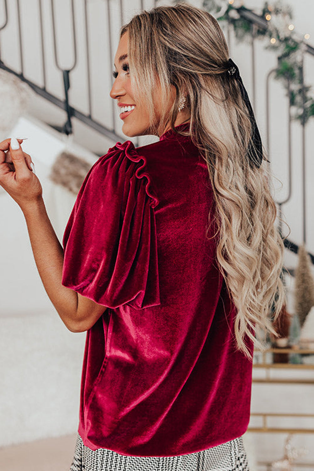 Red Dahlia Frilled Short Puff Sleeve Velvet Blouse