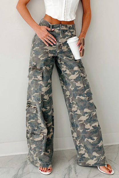 Green Camo Denim Cargo Wide Leg Pants