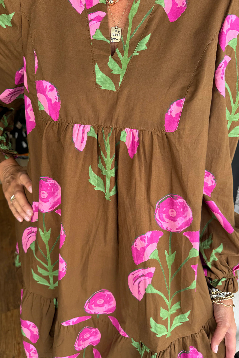 Brown Contrast Floral Print Ruffled Hem Puff Sleeve Dress