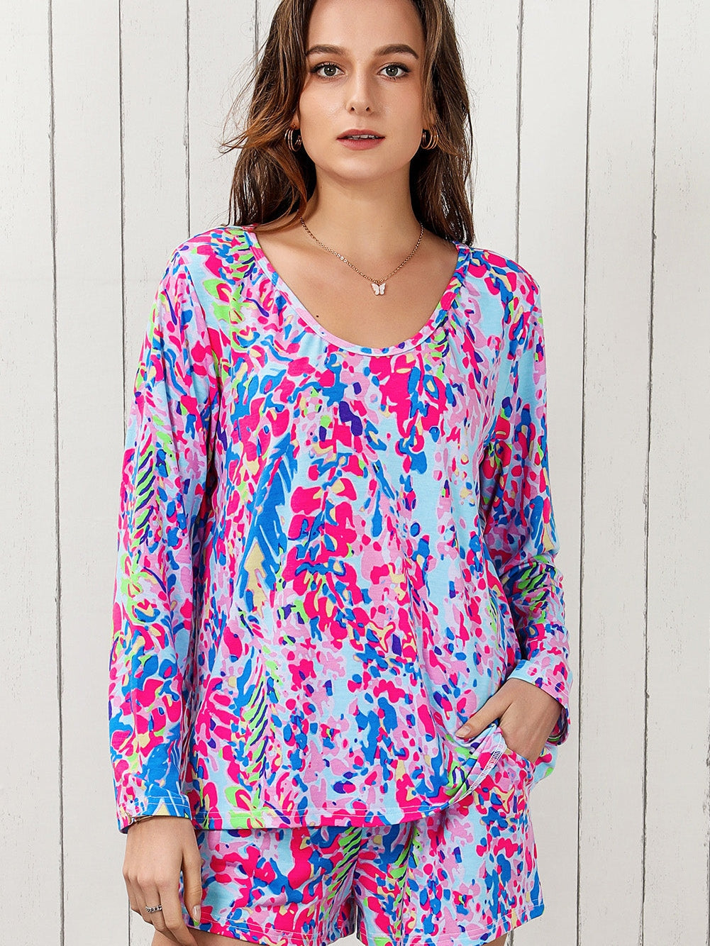 Elegant Purple Floral Lounge Set with Long Sleeve Top and Drawstring Shorts