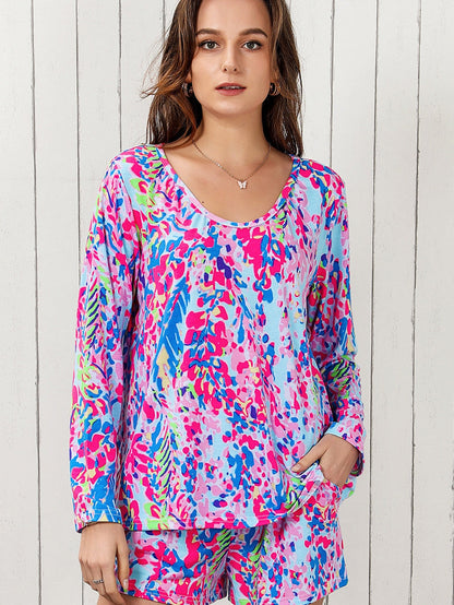 Elegant Purple Floral Lounge Set with Long Sleeve Top and Drawstring Shorts