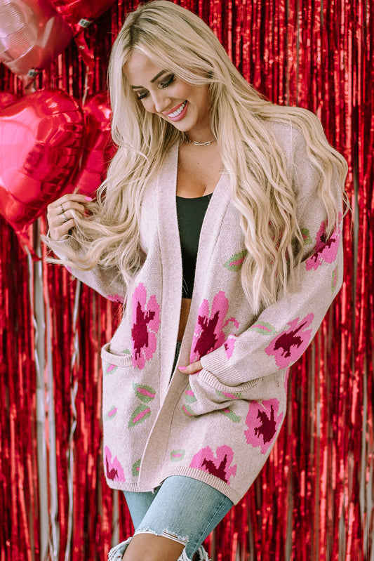 Elegant Pink Floral Knit Cardigan with Pockets