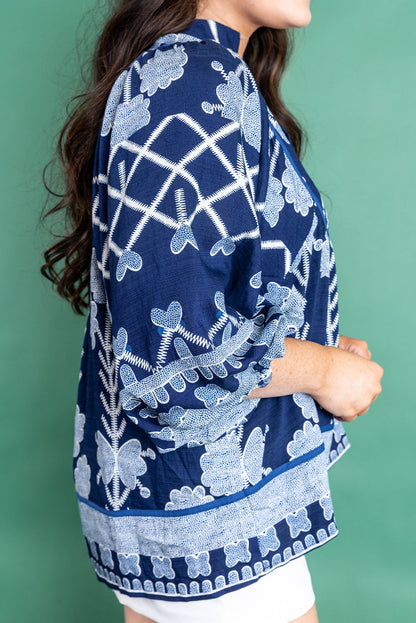 Blue Plus Size Printed Contrasted Trim Notched Neck Long Sleeve Blouse