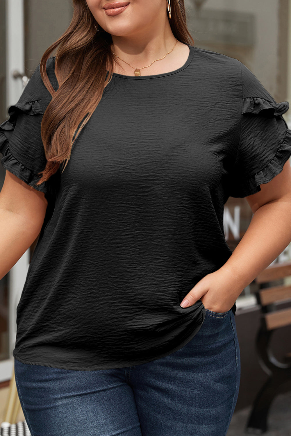 Chic Black Ruffle Sleeve Plus Size Blouse