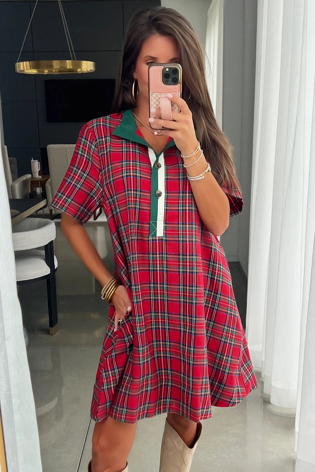 Red Christmas Plaid Striped Trim Button Neck Short Sleeve Dress