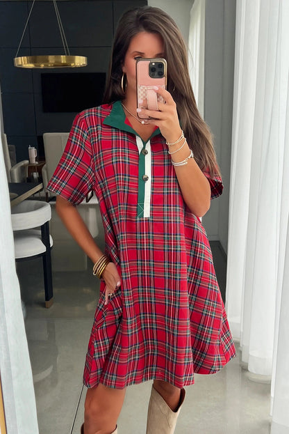Red Christmas Plaid Striped Trim Button Neck Short Sleeve Dress