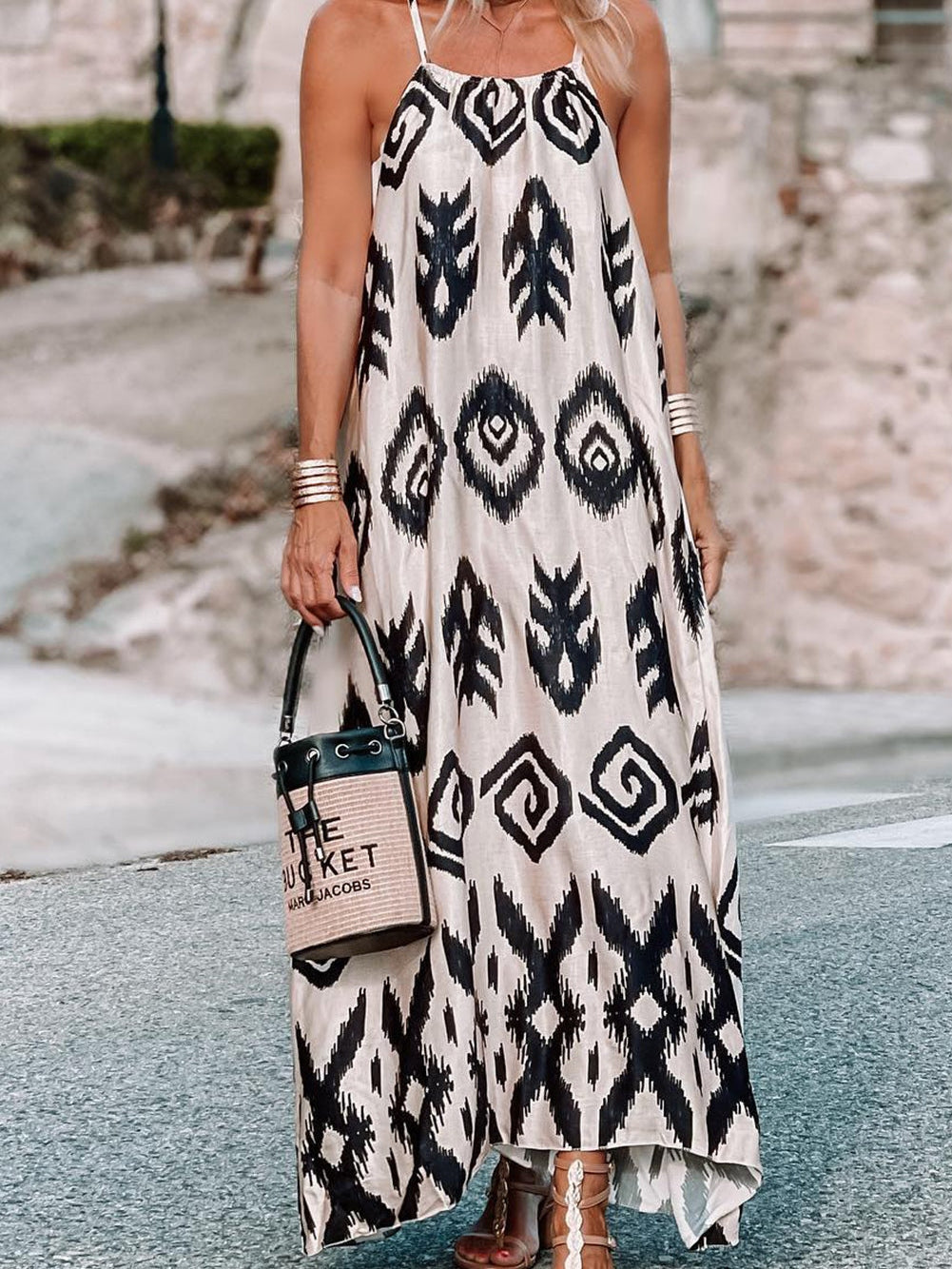 Cowgirl Chic Black Aztec Western Print Halter Maxi Dress