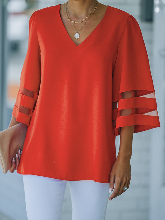 Fiery Crimson V Neck Blouse with Flare Sleeves