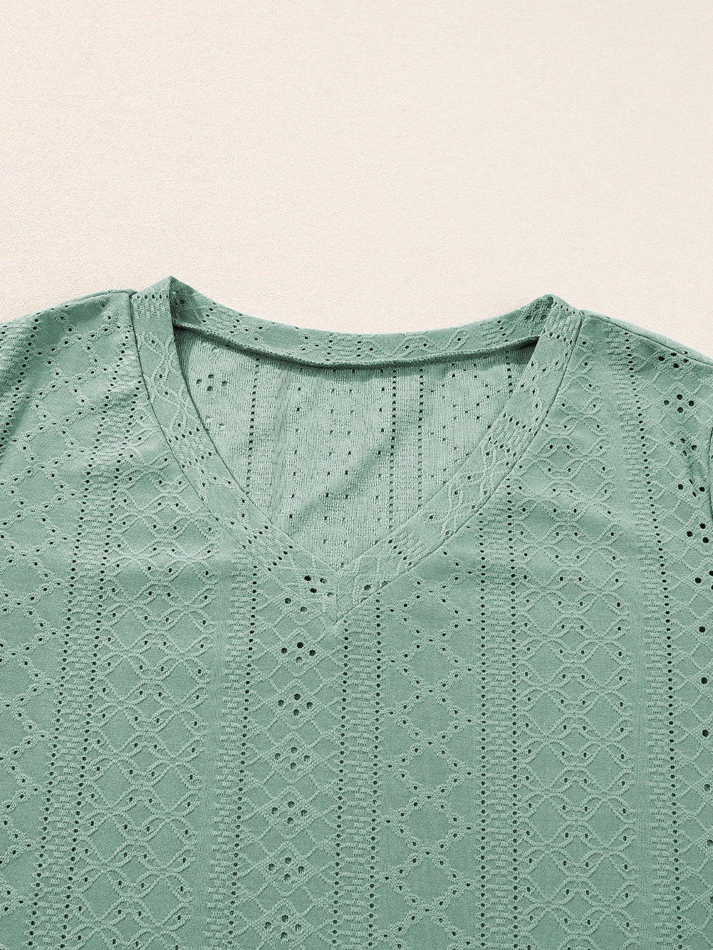 Green Jacquard V-Neck Plus Size Blouse with Petal Sleeves