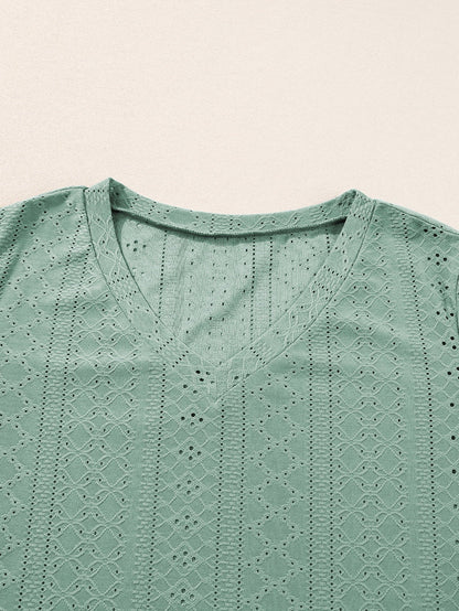 Green Jacquard V-Neck Plus Size Blouse with Petal Sleeves