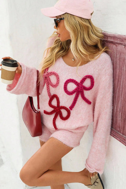 Pink Braided Bow Detail Round Neck Baggy Sweater