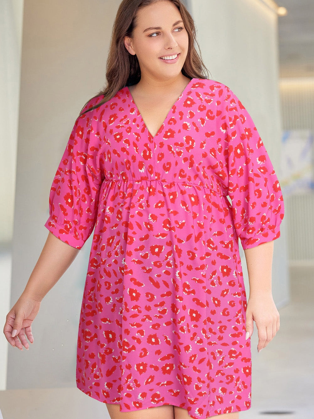 Leopard Print Plus Size Babydoll Dress with V Neck and Bubble Sleeves