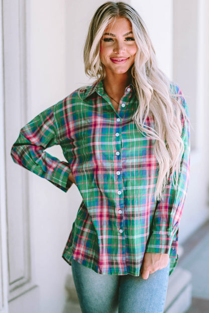 Green Plaid Split Detail Button Down Shirt