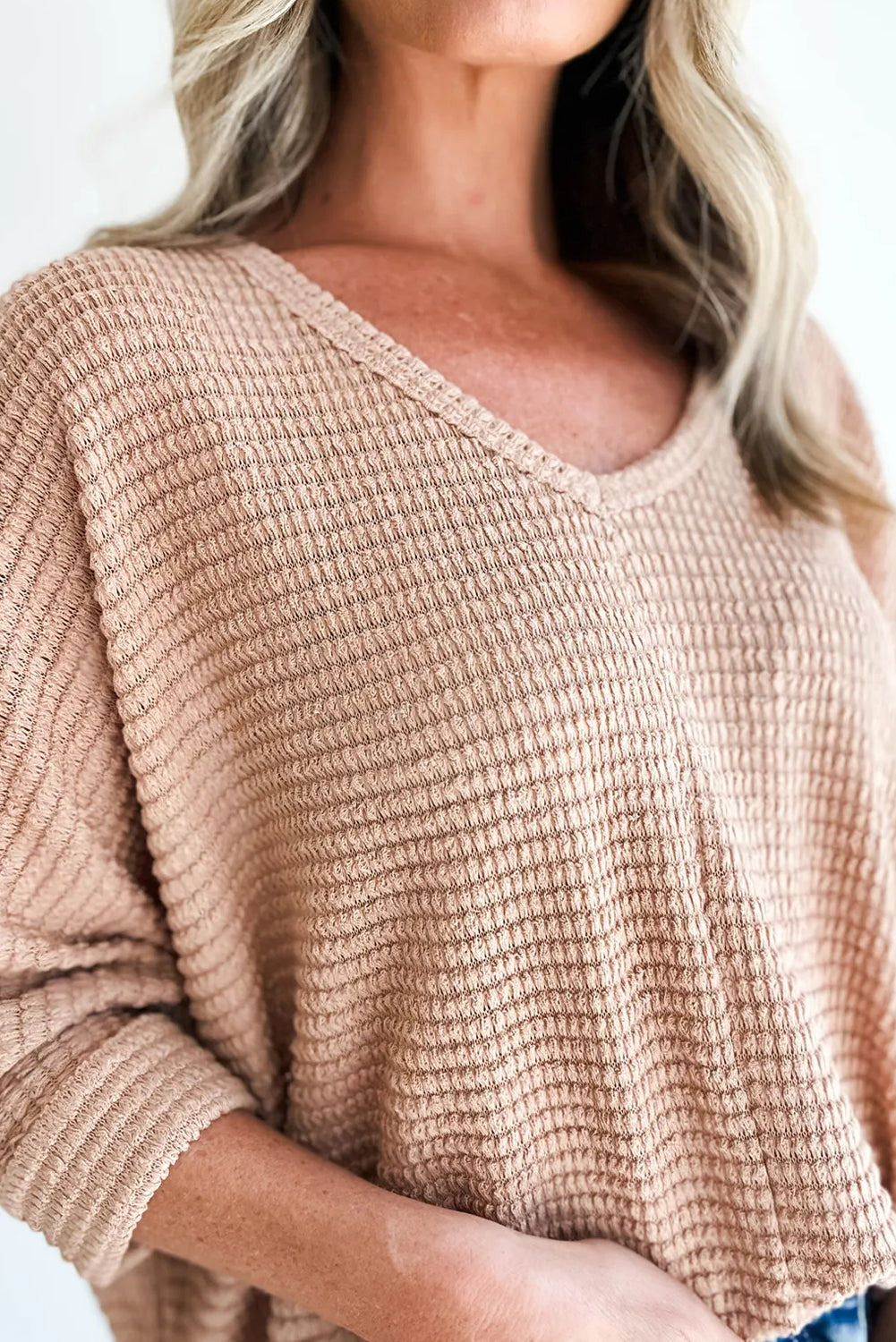 Light French Beige 3/4 Sleeve Textured Knit V Neck Loose Top