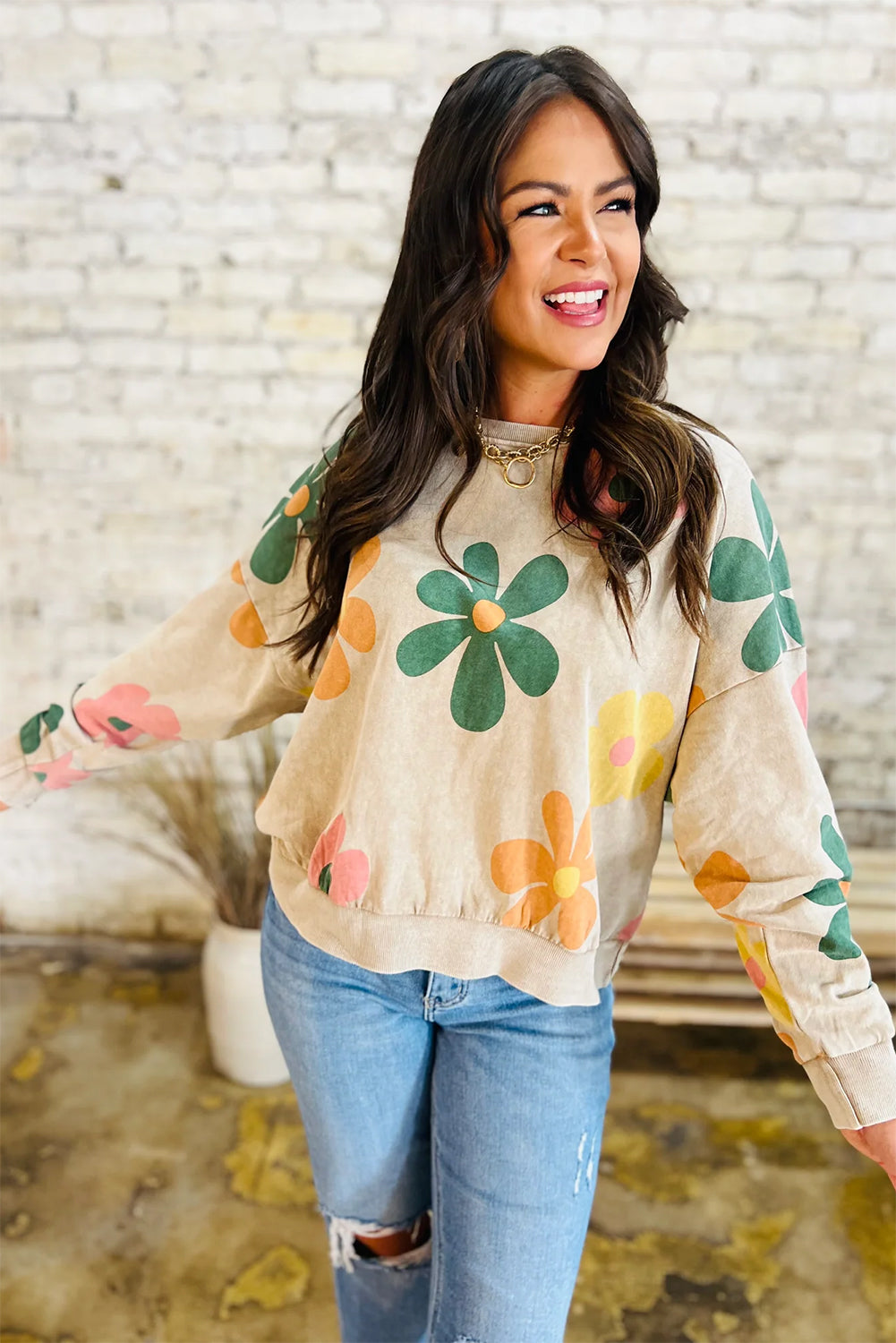 Khaki Big Flower Printed Drop Shoulder Mineral Wash Sweatshirt