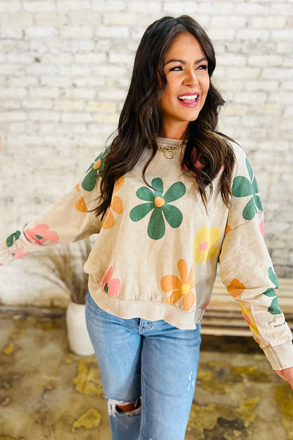 Khaki Big Flower Printed Drop Shoulder Mineral Wash Sweatshirt