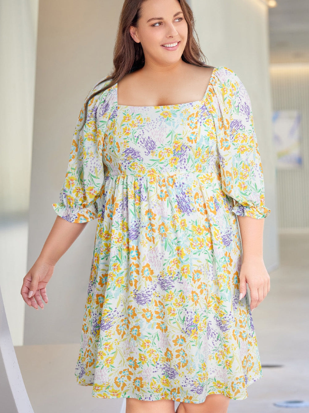 Floral Print Ruffle Sleeve Plus Size Mini Dress