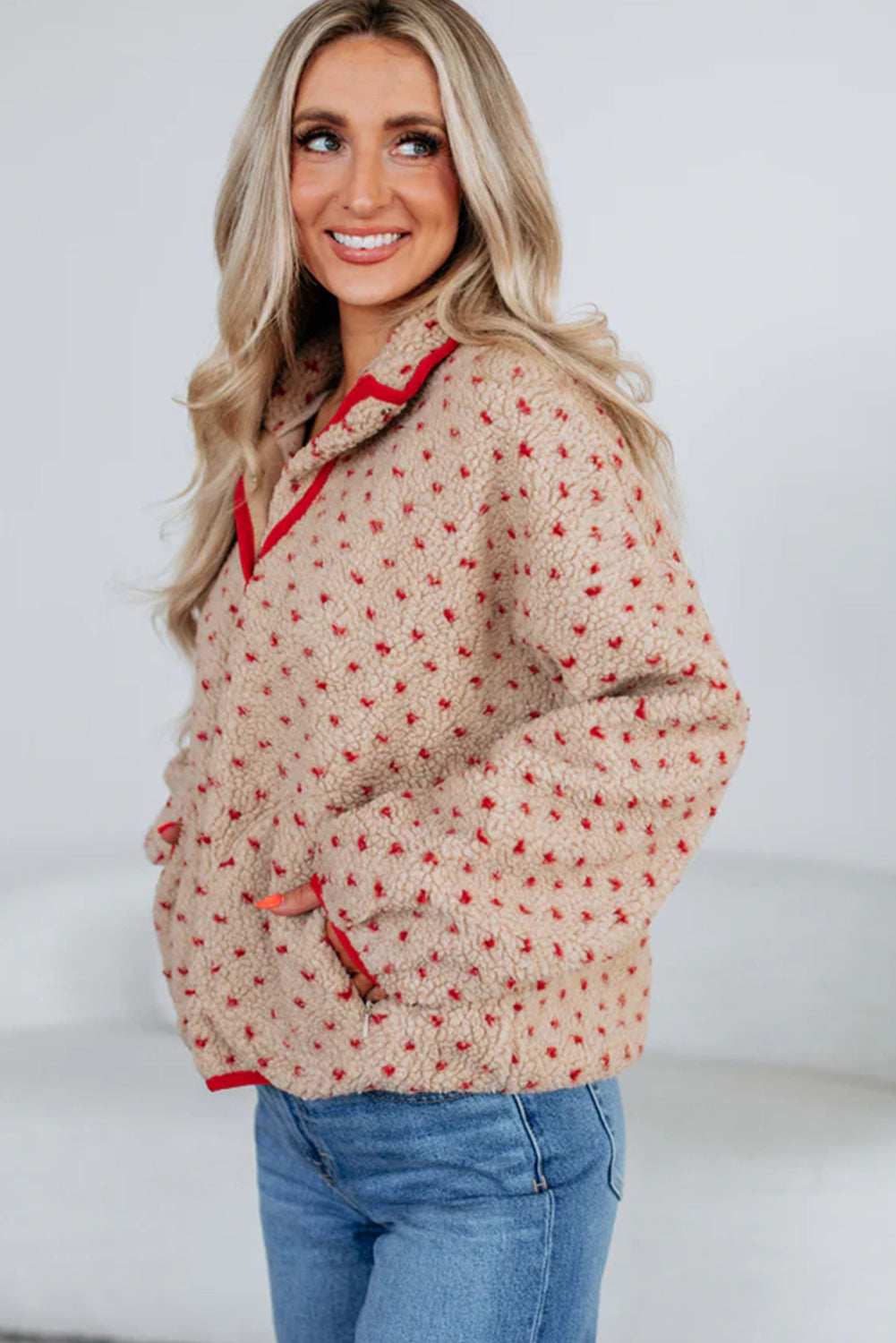 Khaki Snap Button Contrast Trim Neck Dotty Allover Sherpa Pullover Sweatshirt