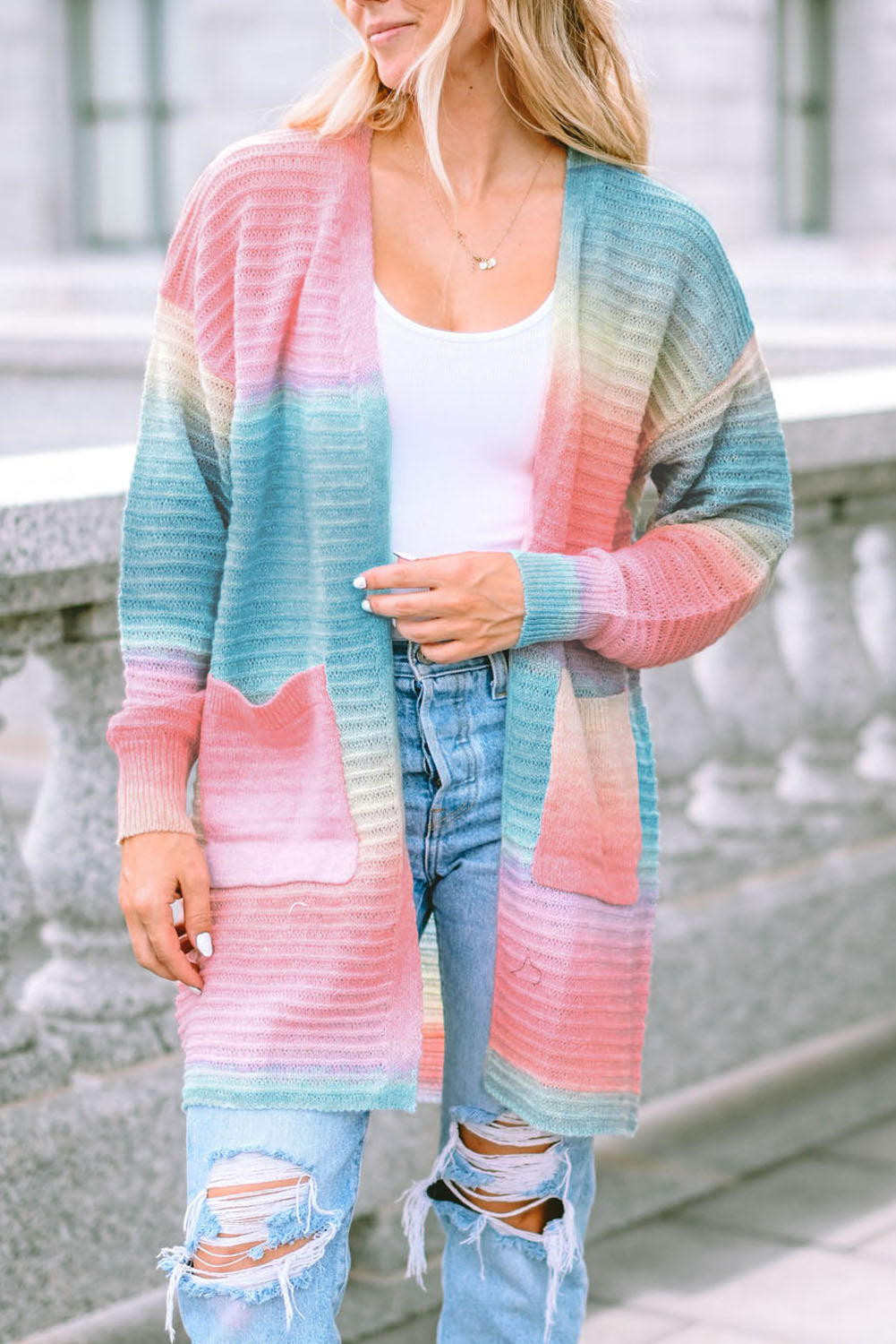 Green Tie-Dye Knit Duster Cardigan with Pockets