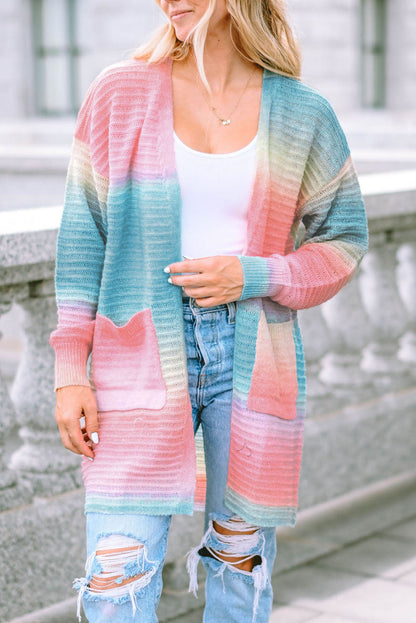 Green Tie-Dye Knit Duster Cardigan with Pockets