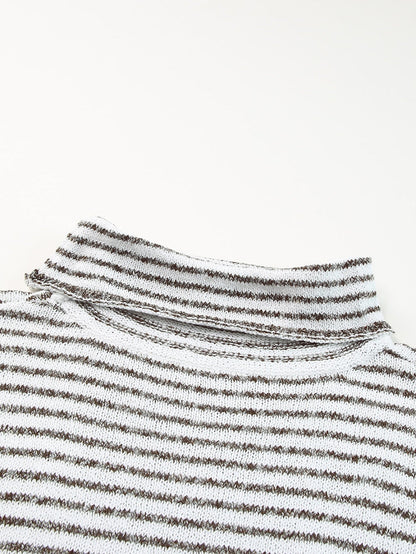 Khaki Striped Turtleneck Knit Sweater for Women