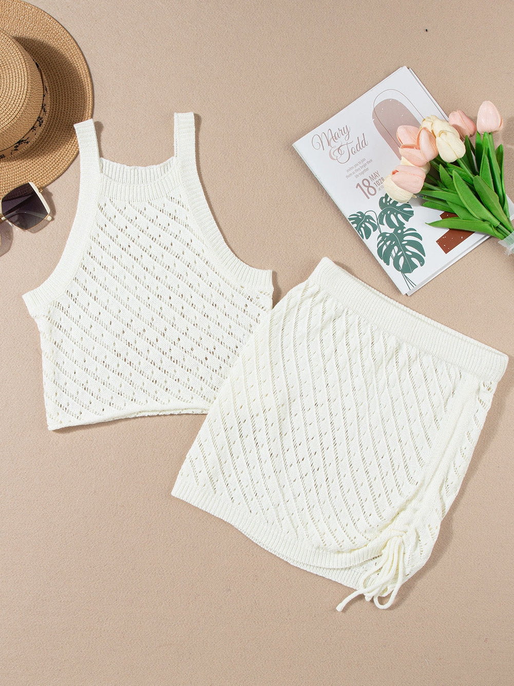 White Crochet Two-Piece Beach Dress with Drawstring Accents