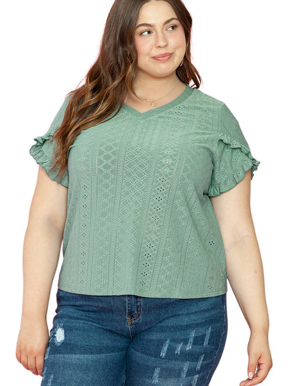 Green Jacquard V-Neck Plus Size Blouse with Petal Sleeves