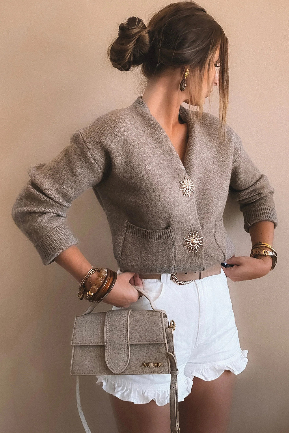 Simply Taupe Sun Goddess Metal Button V Neck Loose Sweater Cardigan