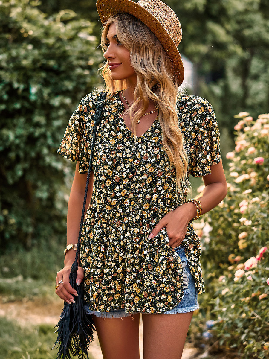 T-Shirts - V-Neck Temperament Print Casual T-Shirt - MsDressly