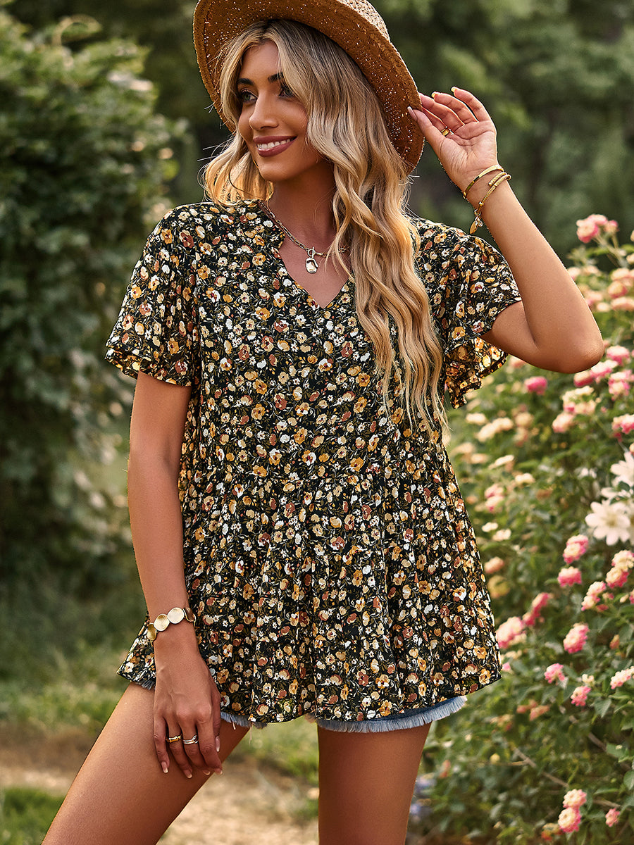 T-Shirts - V-Neck Temperament Print Casual T-Shirt - MsDressly