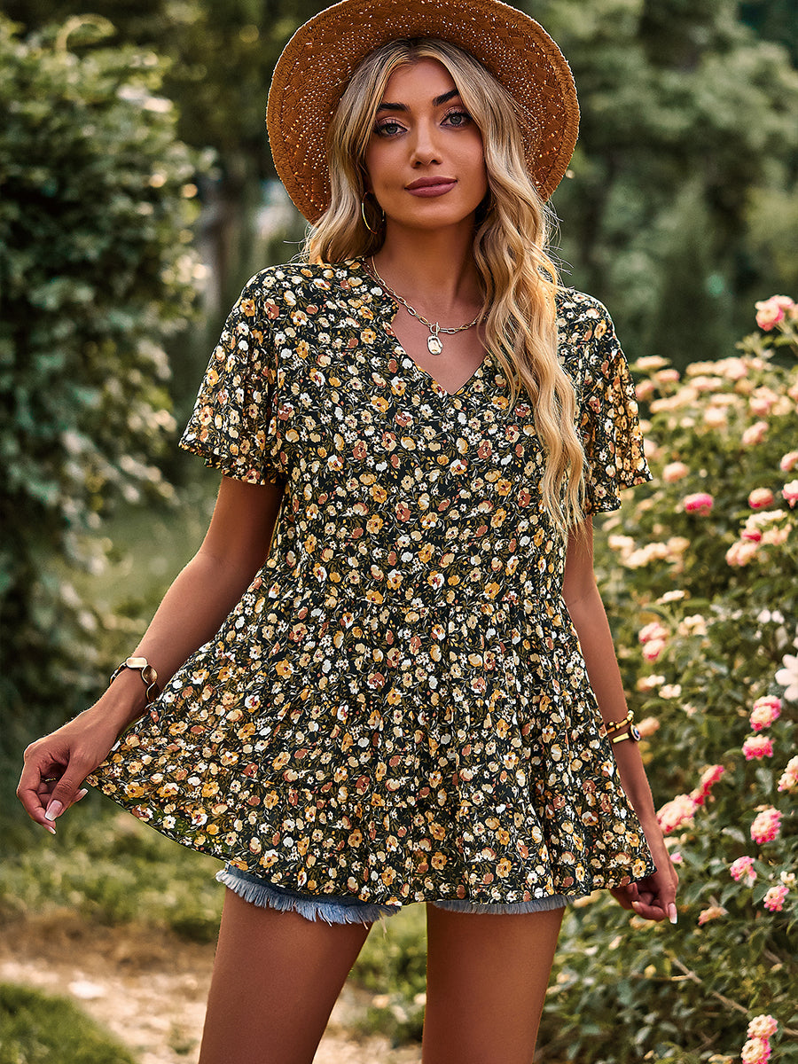 T-Shirts - V-Neck Temperament Print Casual T-Shirt - MsDressly