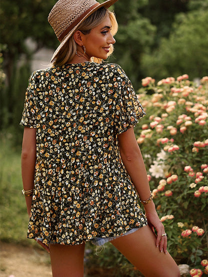 T-Shirts - V-Neck Temperament Print Casual T-Shirt - MsDressly