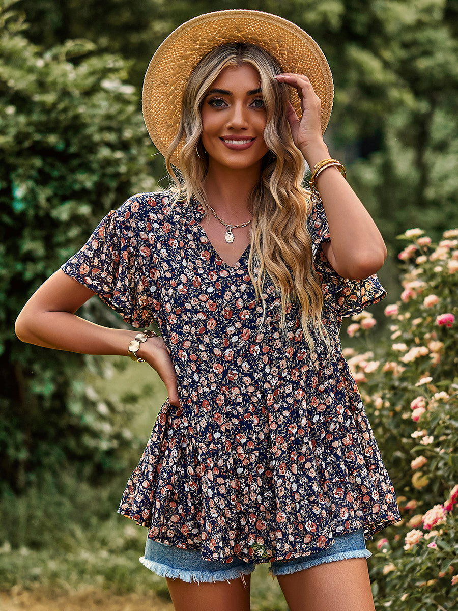 T-Shirts - V-Neck Temperament Print Casual T-Shirt - MsDressly