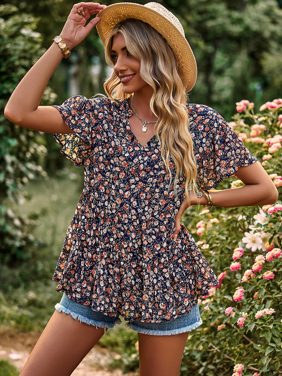 T-Shirts - V-Neck Temperament Print Casual T-Shirt - MsDressly