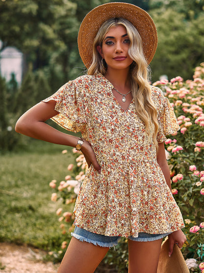 T-Shirts - V-Neck Temperament Print Casual T-Shirt - MsDressly