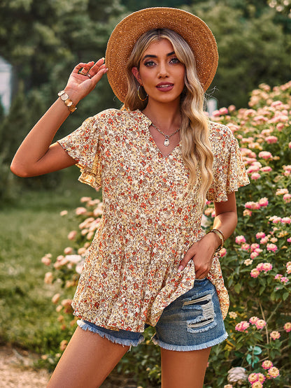 T-Shirts - V-Neck Temperament Print Casual T-Shirt - MsDressly