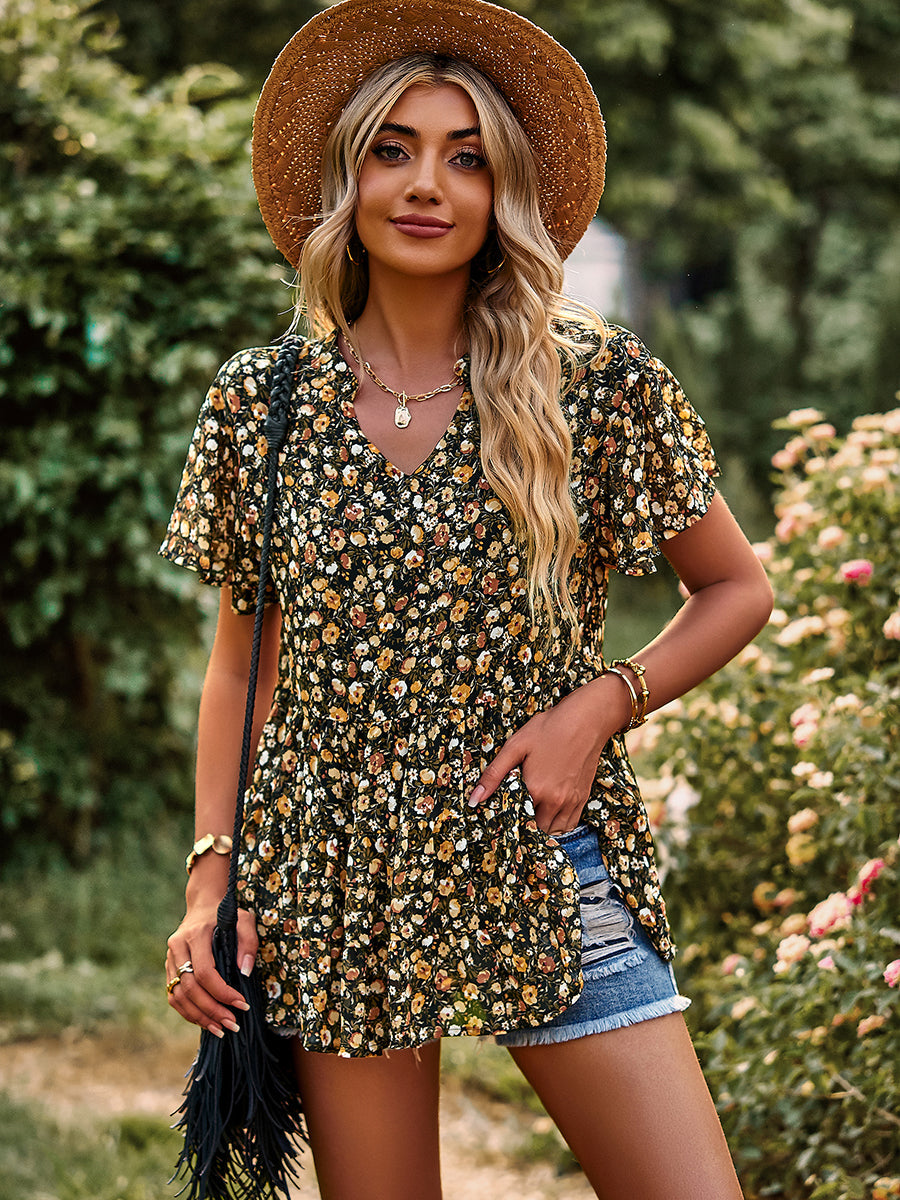 T-Shirts - V-Neck Temperament Print Casual T-Shirt - MsDressly