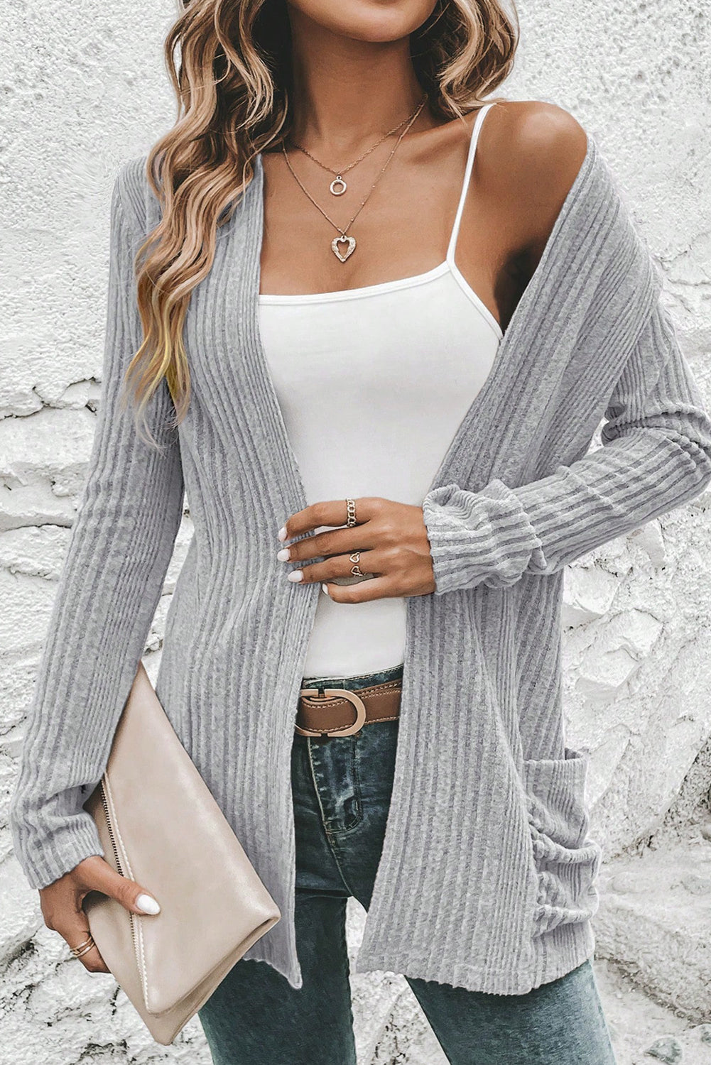 Light Grey Ribbed Open Front Knitted Top with Pockets