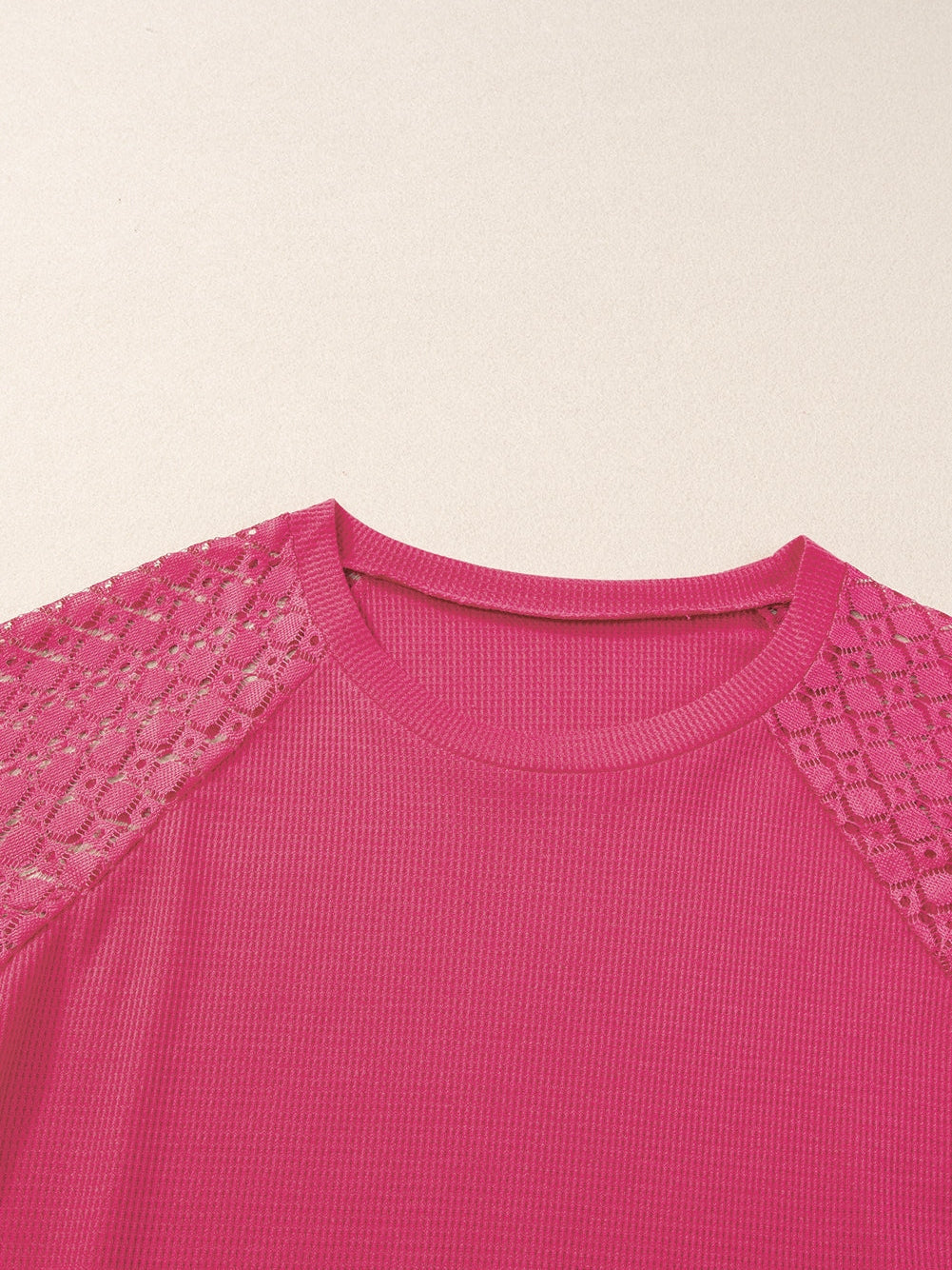 Strawberry Pink Plus Size Contrast Lace Sleeve Waffle Knit Top